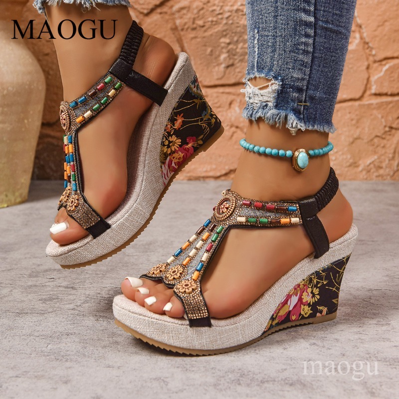 Ethnic Fashion Women - Sandales compensées bohèmes à perles et